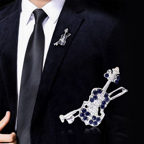 Violin Shape Brooch Pin With Rhinestones Gold Silver Plated Alloy Musical Instrument Lapel Pin For Women Men Banquet Jewelry