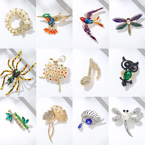 Vintage Alloy Animal Rhinestone Brooch Owl Spider Dragonfly Leaf Brooch Pin For Women High End Fashion Jewelry Accessory