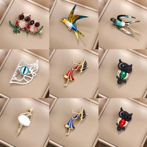 Vintage Alloy Enamel Animal Brooch For Women Elegant Owl Swallow Ballerina Figure Rhinestone Inlaid Fashion Jewelry Pins Gift