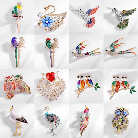 Vintage Alloy Animal Bird Brooch Pin Rhinestone Enamel Owl Swan Hummingbird High End Jewelry Accessory For Women Gift