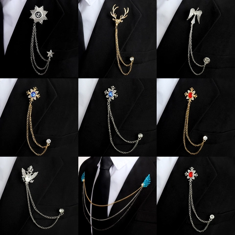 Men Vintage Alloy Rhinestone Cross Angel Wings Deer Head Brooch With Tassel Multi-layer Chain Lapel Pin Suit Accessories Jewelry