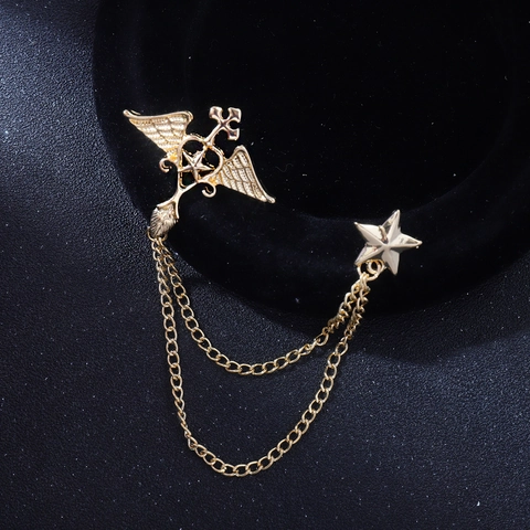 Men's Baroque Vintage Alloy Rhinestone Double Chain Brooch For Suit Eagle Crown Skull Star Cross Tassel Lapel Pin Fashion Jewelry Accessories