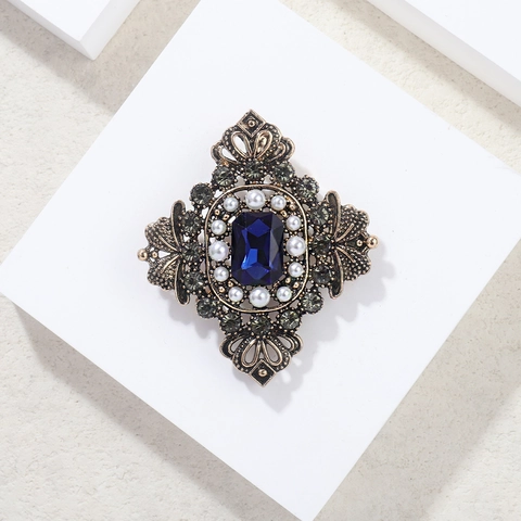 Vintage Palace Style Alloy Brooch With Large Rectangular Blue Synthetic Sapphire Imitation Artificial Pearl Rhinestone Pin For Women Jewelry