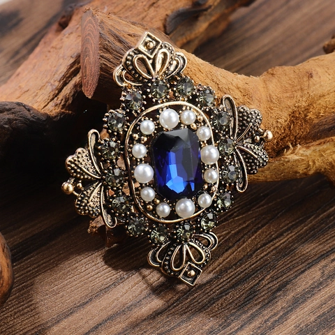 Vintage Palace Style Alloy Brooch With Large Rectangular Blue Synthetic Sapphire Imitation Artificial Pearl Rhinestone Pin For Women Jewelry