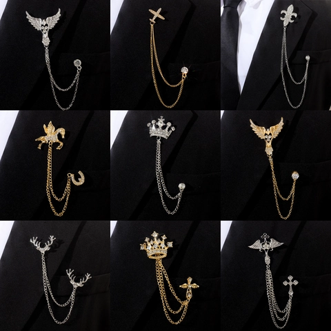 Men Vintage Alloy Rhinestone Brooch Pin With Chain Tassel Crown Eagle Cross Deer Head Collar Lapel Pin For Suit Business Accessories