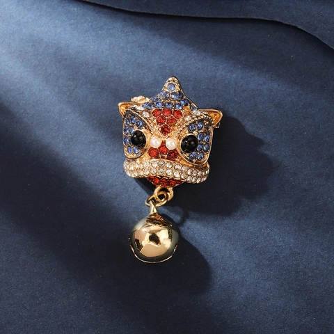 Broche de Danse du Lion Style Chinois en Alliage Plaqué Or avec Strass et Cloche pour Accessoires de Hanfu Bijoux Femme