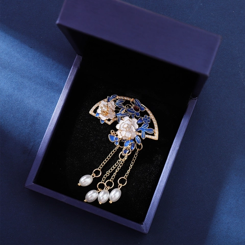 Vintage Chinoiserie Legierung Emaille Blume Fächer Quaste Brosche Mit Künstliche Perlenimitat Strass Pin Für Hochzeit Damen Schmuck