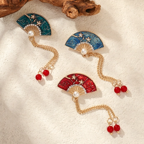 Vintage Chinese Style Fan Shaped Brooch With Tassel Enamel Faux Pearl Rhinestone Pin For Women Cheongsam Decorative Jewelry
