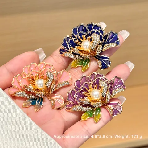 Vintage Alloy Enamel Peony Flower Brooch For Women Elegant Rhinestone Artificial Pearl Pin Accessory For Cheongsam Hanfu Coat Jacket Jewelry