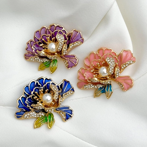 Vintage Alloy Enamel Peony Flower Brooch For Women Elegant Rhinestone Artificial Pearl Pin Accessory For Cheongsam Hanfu Coat Jacket Jewelry