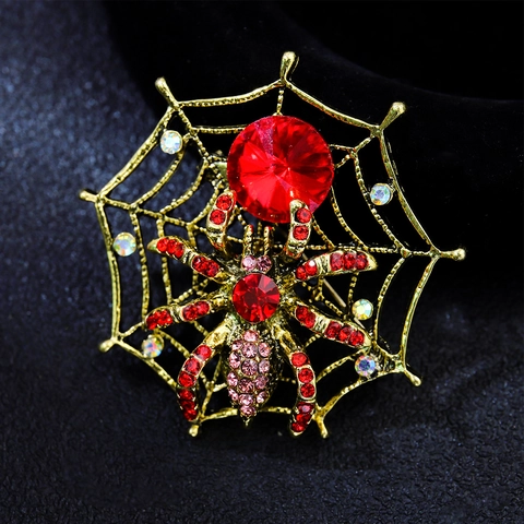 Vintage Gotische Spinnenweb Broche Voor Vrouwen Mannen Legering Rood Kristal Strass Dier Insect Corsage Halloween Sieraden Speld