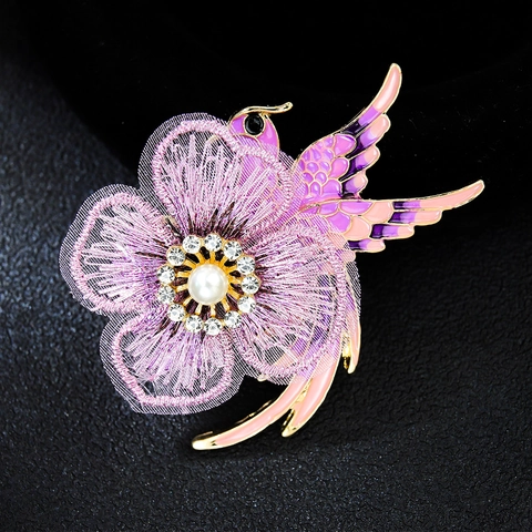 Broche de Colibrí y Flor de Aleación de Zinc Vintage Con Encaje de Malla Púrpura Esmalte Strass Perla Artificial Pin Decorativo Para Mujer Joyería de Boda