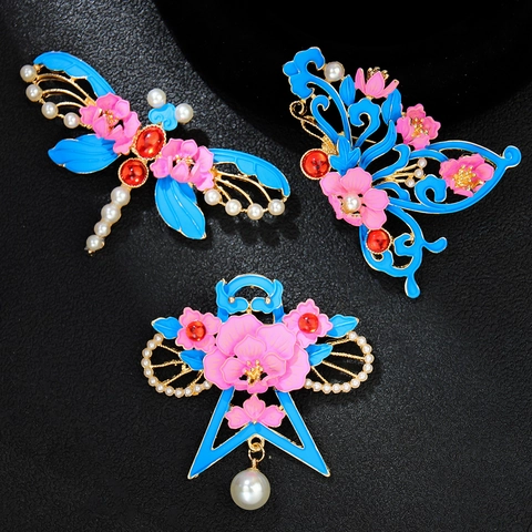 Vintage Chinese Style Enamel Animal Brooch Pin For Women Men Dragonfly Butterfly Swallow Flower Faux Artificial Pearl Jewelry Corsage Gift