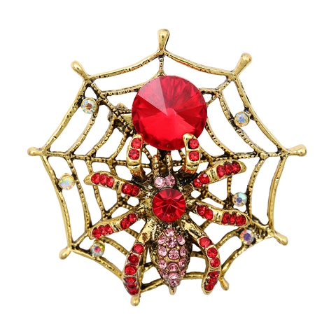 Vintage Gotische Spinnenweb Broche Voor Vrouwen Mannen Legering Rood Kristal Strass Dier Insect Corsage Halloween Sieraden Speld