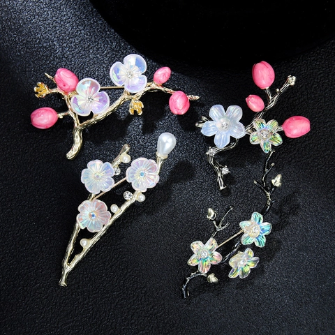 Elegante Spilla a Fiore in Lega con Strass e Finta Perla Artificial Stile Coreano Vintage Fiore di Prugno Pesco per Donna Accessorio Sciarpa