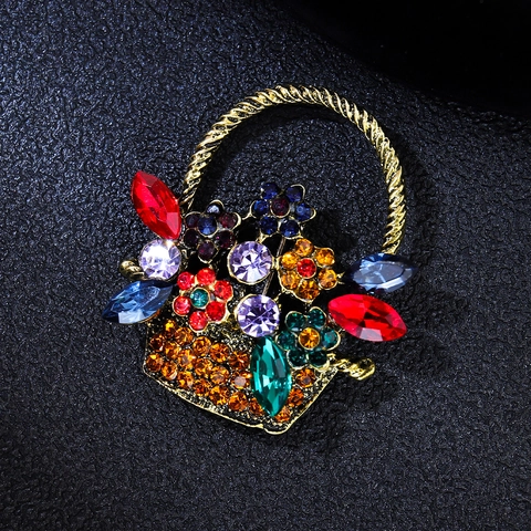 Vintage Alloy Multicolored Rhinestone Flower Basket Brooch Luxury Antique Style Plant Floral Pin Women Jewelry Accessory