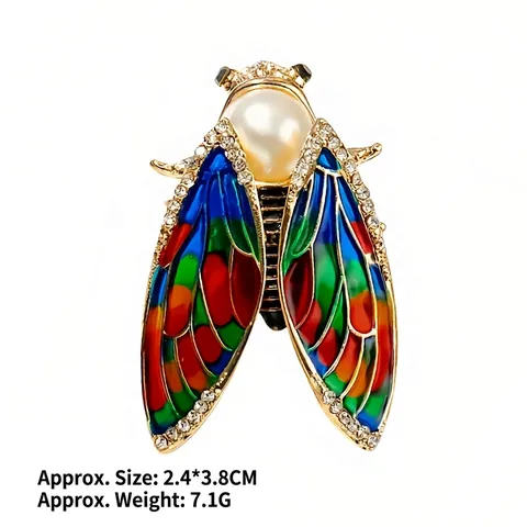 Vintage Alloy Colorful Enamel Cicada Brooch Pin With Faux Artificial Pearl Rhinestone Insect Animal Corsage For Women Men Jewelry Gift