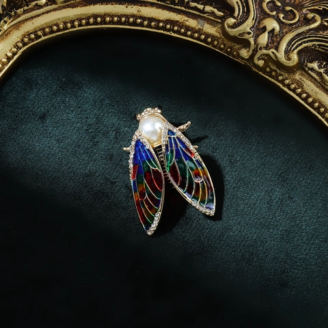 Vintage Alloy Colorful Enamel Cicada Brooch Pin With Faux Artificial Pearl Rhinestone Insect Animal Corsage For Women Men Jewelry Gift