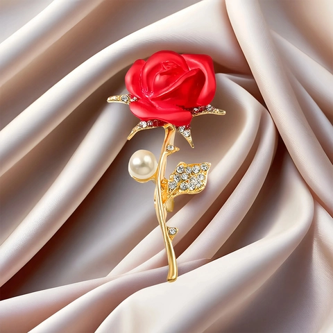 Eleganter Roter Emaille Rose Brosche Vergoldet Legierung Blumen Pin Mit Kunstperle Strass Für Damen Hochzeit Party Schmuck