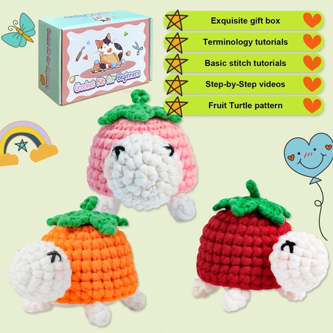 Kit de Crochet Tortue de Fruits pour Débutants DIY Peluche Animale Set Avec Tutoriels Vidéo Fil Crochet Remplissage Cadeau Artisanat