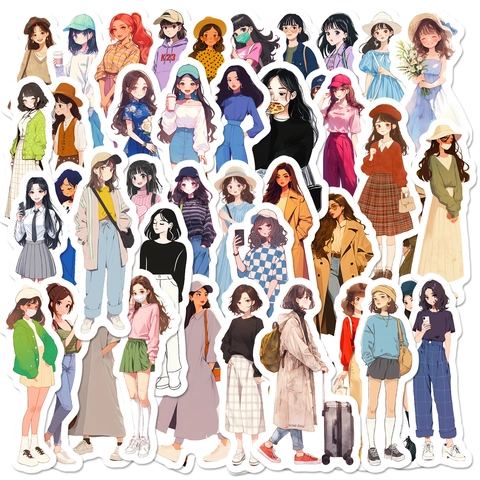 Creative Hand Drawn Girl Daily Outfit Stickers Waterproof Cartoon Anime Decorative Stickers For Journal Planner DIY Laptop