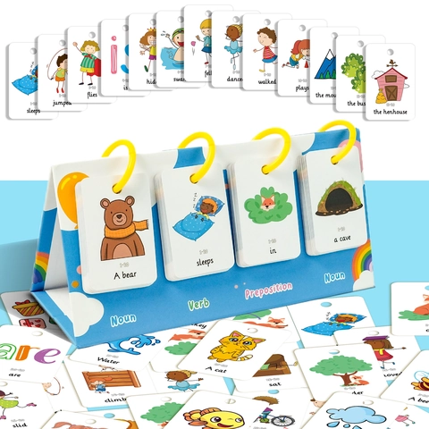 Carte per l'Apprendimento di Preposizioni Nomi Verbi in Inglese Con Supporto Set di Carte a Fogli Mobile per Bambini