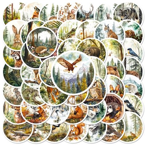 Watercolor Forest Animal Stickers Circular Nordic Style Fox Wolf Bear Assorted Decoration Decals For Journal Scrapbooking Laptop DIY Art Crafts