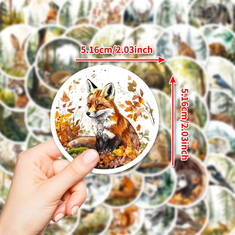 Watercolor Forest Animal Stickers Circular Nordic Style Fox Wolf Bear Assorted Decoration Decals For Journal Scrapbooking Laptop DIY Art Crafts