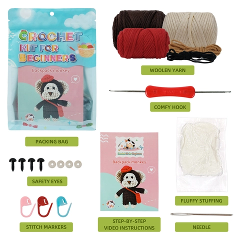 DIY Haakpakket voor Beginners Schattige Aap Pop Met Rode Rugzak En Hoed Handgemaakt Garen Haken Kit Met Video-instructies