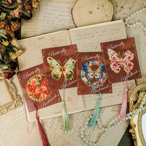 Vintage Hollow Out Metal Butterfly Bookmark With Satin Tassel Floral Painted Metal Bookmarker For Reading Student Gift Office Supplies