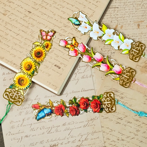 Vintage Metal Hollow Flower Bookmark With Colorful Satin Tassel Sunflower Tulip Lily Rose Butterfly Elegant Stationery Reading Gift For Students
