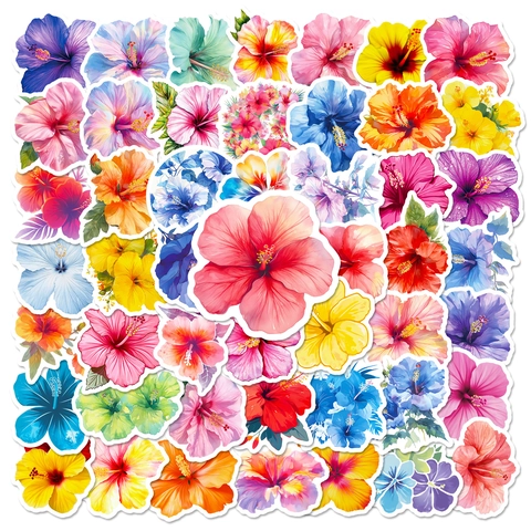 Watercolor Hibiscus Flower Stickers Waterproof Vinyl Floral Decals For Laptop Phone Case Scrapbook DIY Decoration Style