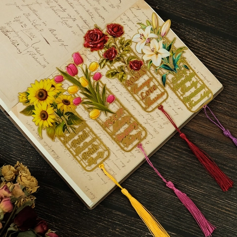Vintage Hohl Metall Blumen Lesezeichen Mit Satin Quaste Sonnenblume Rose Lilie Tulpe Design Lesezeichen Für Schüler Lehrer Geschenk