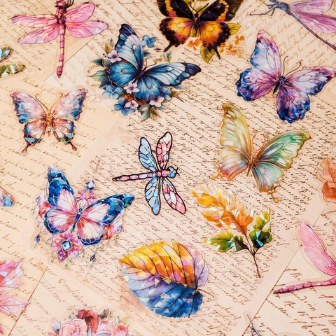 Wasserdicht PET Transparent Holographisch Laser Aufkleber Schmetterling Libelle Blätter Muster Kaltfolie Dekorative Dekore Für Scrapbooking Journaling DIY Kunst Handwerk