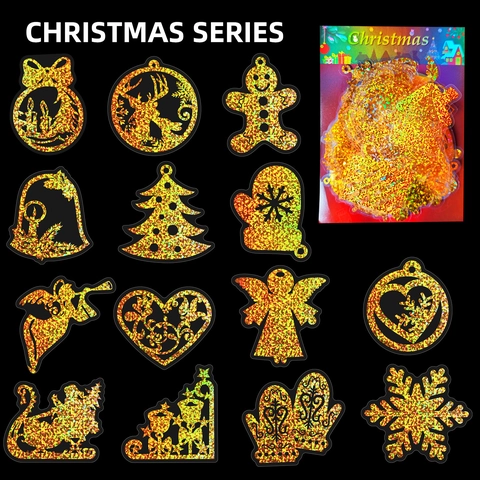Gold Holographic Laser Christmas Stickers Waterproof PET Festive Decals For DIY Scrapbooking Gift Card Decoration