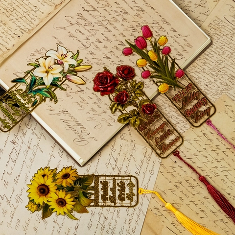 Vintage Hohl Metall Blumen Lesezeichen Mit Satin Quaste Sonnenblume Rose Lilie Tulpe Design Lesezeichen Für Schüler Lehrer Geschenk
