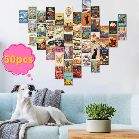 50Pcs Vintage Wall Collage Kit Aesthetic Nordic Retro Posters Room Decor Cardboard Art Photo Collection For Bedroom Living Room Wall