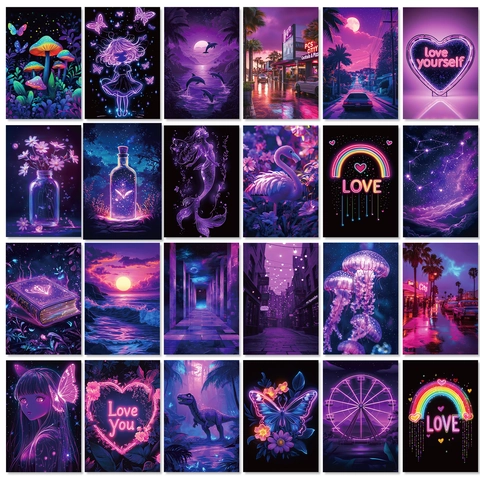 Aesthetic Purple Neon Wall Collage Kit Vaporwave Sunset City Posters For Bedroom Living Room Home Decoration Cards