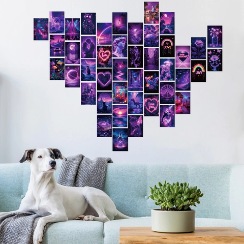 Aesthetic Purple Neon Wall Collage Kit Vaporwave Sunset City Posters For Bedroom Living Room Home Decoration Cards