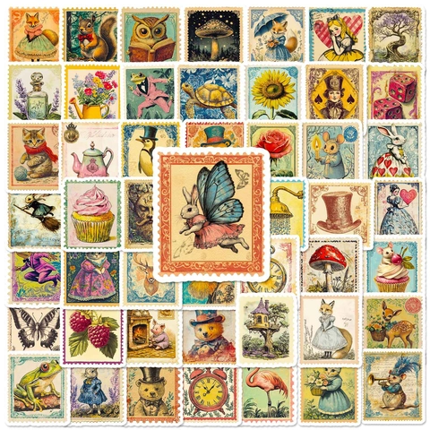Vintage Postage Stamp Stickers Retro Anthropomorphic Animal Plant Mushroom Decoration For Scrapbooking DIY Journal Laptop Phone Case
