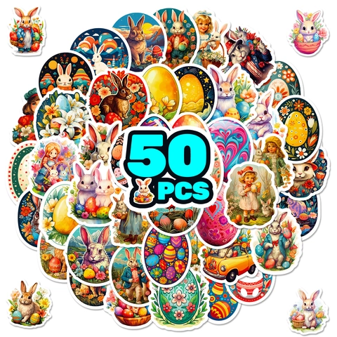 Autocollants Décoratifs sur le Thème de Pâques Vintage Imperméables en PVC Lapin Œuf Fleur Pour Scrapbooking Ordinateur Portable Gourde Décoration DIY