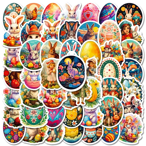 Autocollants Décoratifs sur le Thème de Pâques Vintage Imperméables en PVC Lapin Œuf Fleur Pour Scrapbooking Ordinateur Portable Gourde Décoration DIY