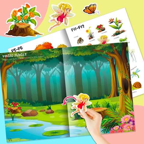 Libro di Adesivi per l'Educazione Precoce dei Bambini Tema Piante Lussureggianti Giungla Magica Libro d'Arte Decorativo Fai-da-te