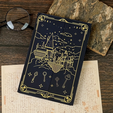 Vintage Magic School Gold Foil Stamping Notebook Hogwarts Style Castle Hardcover Journal Grid Pages Ribbon Bookmark Stationery Gift