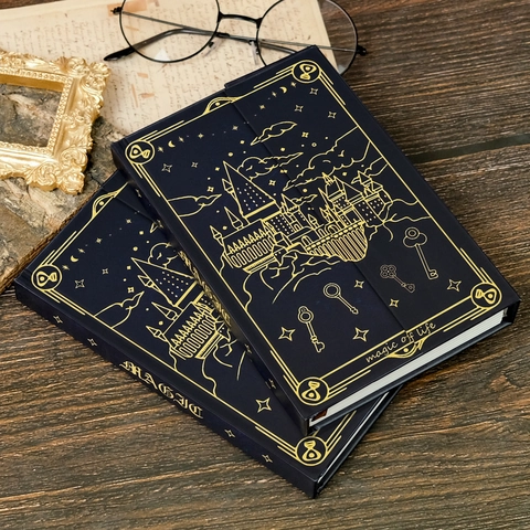 Vintage Magic School Gold Foil Stamping Notebook Hogwarts Style Castle Hardcover Journal Grid Pages Ribbon Bookmark Stationery Gift