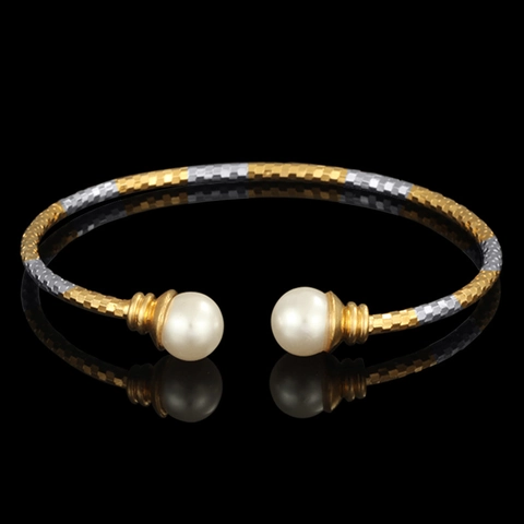 Eleganter 18K Vergoldeter Kupfer Armreif Mit Doppelten Imitationsperlen Vintage Rautenstruktur Offener Bangle Für Damen Schmuck