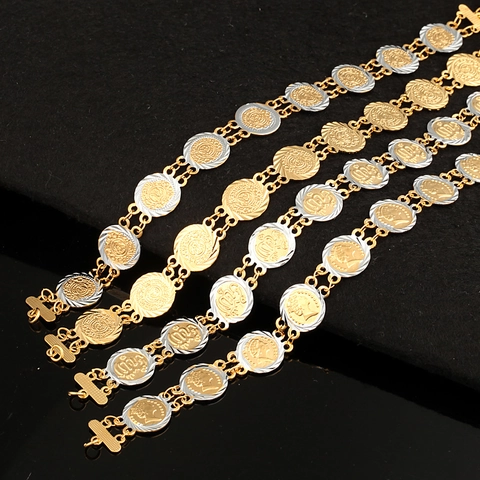 Vintage 18K Vergoldetes Kupfer Zweifarbig Münzarmband Unisex Arabisch Allah Dollar Königin Muster Geprägt Ethno Hip-Hop Schmuck