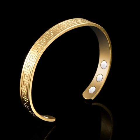 Greek Meander Pattern Copper Magnetic Therapy Bracelet Gold Plated Open Cuff Bangle For Health Wellness Jewelry