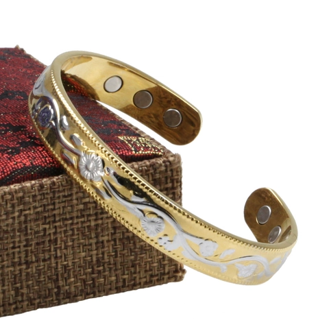 Vintage Magnetic Copper Bracelet For Women 18K Gold Plated Two-Tone Floral Relief Open Cuff Bangle Health Jewelry Gift