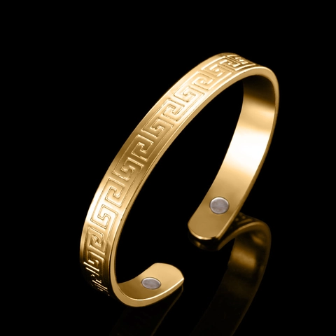 18K Gold Plated Copper Magnetic Therapy Bracelet Men Women Greek Key Meander Pattern Health Care Open Cuff Bangle Jewelry